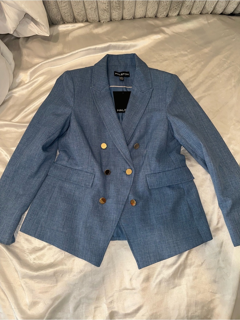 Halston Heritage Light Blue Double-Breasted Blazer with Gold Buttons